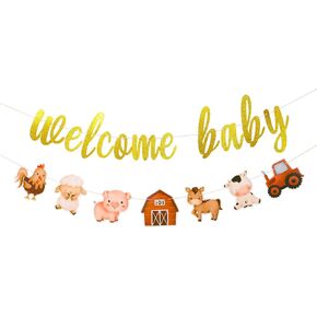 welcome baby Farm Animals Birthday Banner,Farm Animals Themed Birthday Baby Shower Party Decoration.Barnyard Party Decorations, Farm Animal Decorations for Baby Shower Birthday Party.