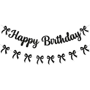 Black Bow Birthday Party Decorations - Happy Birthday Banner & Black Bow Bunting Garland, Girls/Boys Coquette Birthday Party Decorations Black Glitter