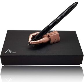 ACELY Executive glossy black Ball Point Pen with Hand Shape Pen Holder Metal Art Craft Paperweight for Desktop Organizer Pen Stand Decoration - Pen & holder set (Black & Anti-Red)