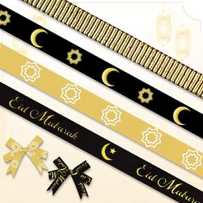 ABTOLS 4 Rolls 20 Yards Ramadan Ribbons, 3/8" Black Gold Grosgrain Ribbons for Wrapping Eid Mubarak Ramadan Moon Star Ribbons Metallic Glitter Ribbon for Islamic Muslim Decor