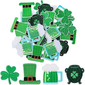 32 Pcs St. Patrick's Day Patches Irish Appliques Shamrock Clover Iron on Embroidered Lucky Sew on Applique Clover Patch Repair Patch Emblem for Jacket Jeans Pants Backpack Hat Decor