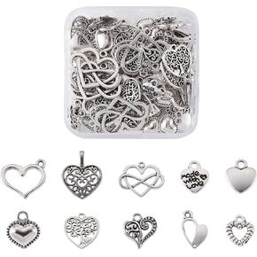 Pandahall 100pcs Tibetan Style Heart Alloy Pendants 9.5-18 x 9.5-17mm 10 Style Antique Silver Sweet Heart Charms for DIY Earring Bracelet Jewelry Making