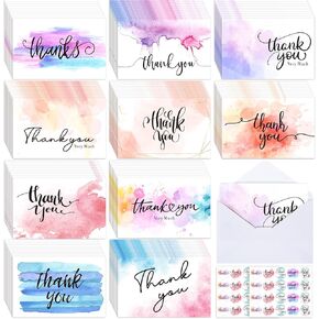 Faccito 100 Watercolor Thank You Cards with Envelopes and Stickers, Baby Shower, Graduation, Birthday, Wedding, Thank You