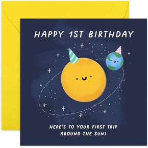 Old English Co. First Birthday Card for Baby Boy or Girl - First Trip Around the Sun Birthday Card - Cute 1 Year Old Birthday Card - Son, Daughter, Granddaughter, Grandson | Blank Inside Envelope