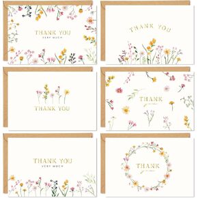 50 Pack Spring Wildflower Thank You Cards Boxed Gold Foil Floral Greeting Cards with Envelopes Stickers Blank Note Cards for Wedding Bridal Baby Shower Graduation Fune, 4 x 6 Inch