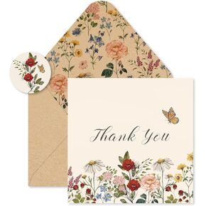 24 Packs Wildflower Thank You Cards Vintage Floral Greeting Cards Retro Flower Blank Note Cards with Envelopes and Stickers for Baby Shower Holiday Birthday, 5 x 5 Inch