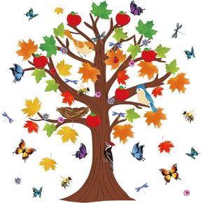 Teling 133 Pieces Tree Bulletin Board Decoration Set Spring Bulletin Board Decoration Maple Leaves Family Cutouts Tree for Classroom Bulletin Board