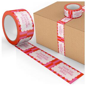 Thank You! Designer Decorative Packing Tape for Small Business Cute and Colorful Printed Packaging and Shipping Tape - Cream/Blue, 1.88" x 110 Yards (330 feet)