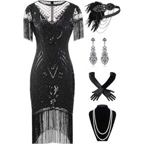 867A - Plus Size 1920s Vintage Fringed Gatsby Sequin Beaded Tassels Hem Flapper Party Prom Cocktail Dress with Accessories