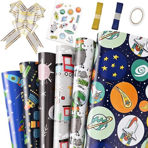 12 ورقة 28 * 20 بوصة ورق تغليف الفضاء الخارجي مع غلاف هدية زرقاء وذهبية ، قم بملصقات شريط مزدوجة القداسة لعيد ميلاد دش مركبة in Kuwait