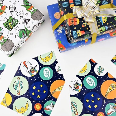 12 ورقة 28 * 20 بوصة ورق تغليف الفضاء الخارجي مع غلاف هدية زرقاء وذهبية ، قم بملصقات شريط مزدوجة القداسة لعيد ميلاد دش مركبة in Kuwait