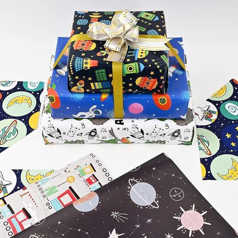 12 ورقة 28 * 20 بوصة ورق تغليف الفضاء الخارجي مع غلاف هدية زرقاء وذهبية ، قم بملصقات شريط مزدوجة القداسة لعيد ميلاد دش مركبة in Kuwait