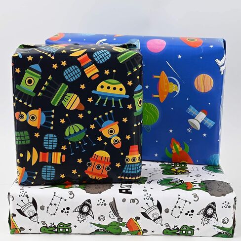 12 ورقة 28 * 20 بوصة ورق تغليف الفضاء الخارجي مع غلاف هدية زرقاء وذهبية ، قم بملصقات شريط مزدوجة القداسة لعيد ميلاد دش مركبة in Kuwait