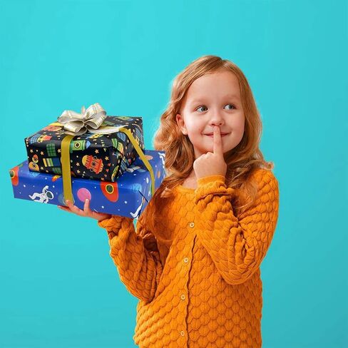 12 ورقة 28 * 20 بوصة ورق تغليف الفضاء الخارجي مع غلاف هدية زرقاء وذهبية ، قم بملصقات شريط مزدوجة القداسة لعيد ميلاد دش مركبة in Kuwait