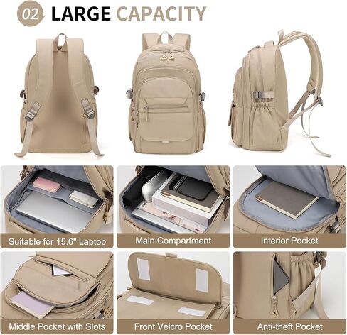 Aesthetic Daypack Backpack, Water-Resistant 15.6" Laptop Backpack for Women and Men, Featuring Touch-Fastener and Anti-Theft Pockets (Khaki) in Kuwait