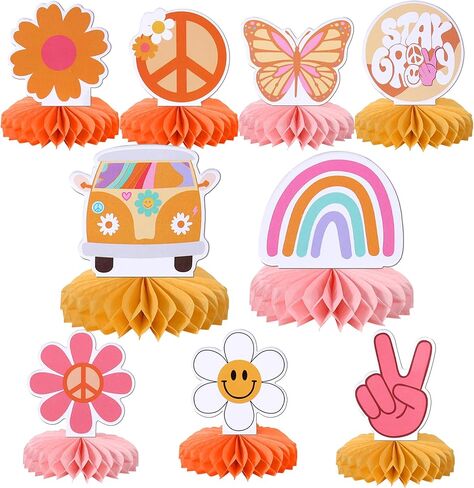 9 PCS Hippie Party Honeycomb Table Peace Sign Hand Butterfly Dasiy Flower Bus 60s Retro Boho اثنين in Kuwait