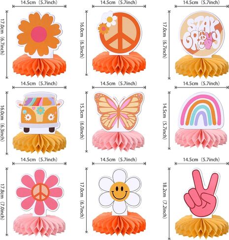 9 PCS Hippie Party Honeycomb Table Peace Sign Hand Butterfly Dasiy Flower Bus 60s Retro Boho اثنين in Kuwait