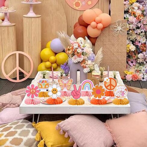 9 PCS Hippie Party Honeycomb Table Peace Sign Hand Butterfly Dasiy Flower Bus 60s Retro Boho اثنين in Kuwait