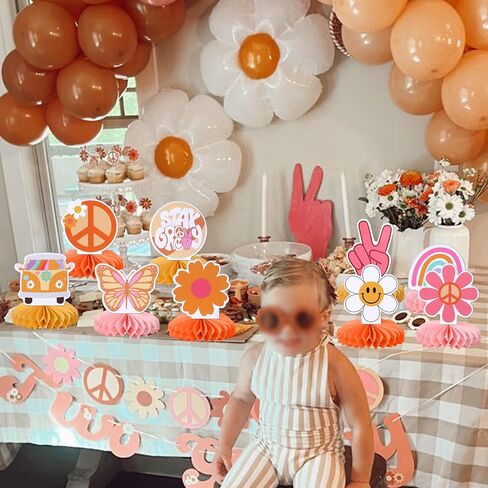 9 PCS Hippie Party Honeycomb Table Peace Sign Hand Butterfly Dasiy Flower Bus 60s Retro Boho اثنين in Kuwait
