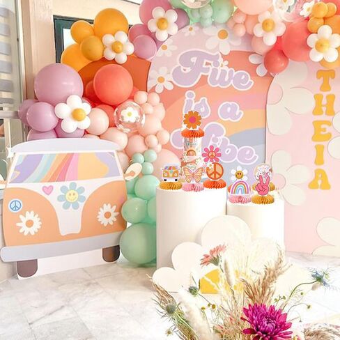 9 PCS Hippie Party Honeycomb Table Peace Sign Hand Butterfly Dasiy Flower Bus 60s Retro Boho اثنين in Kuwait