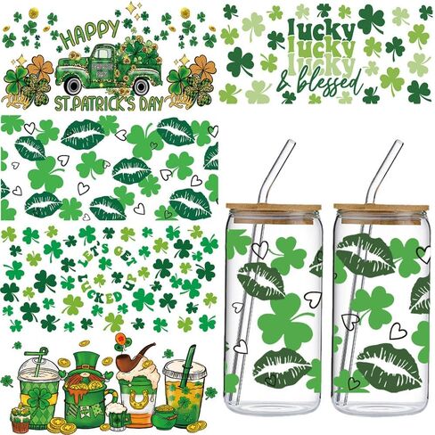 St.Patrick's Day UV DTF Cup Wrap for 16oz Glass Cups, 5 Sheets Green Irish Day UV DTF Transfer Stickers St.Patricks Lucky Shamrock Clover Dwarf Waterproof Uvdtf Rub on Transfer for Tumbler DIY Craft in Saudi Arabia