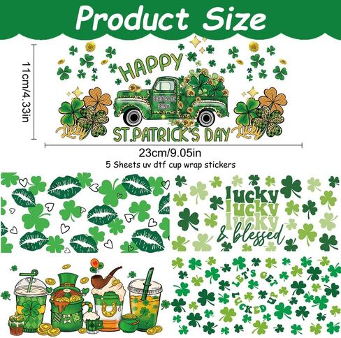 St.Patrick's Day UV DTF Cup Wrap for 16oz Glass Cups, 5 Sheets Green Irish Day UV DTF Transfer Stickers St.Patricks Lucky Shamrock Clover Dwarf Waterproof Uvdtf Rub on Transfer for Tumbler DIY Craft in Saudi Arabia