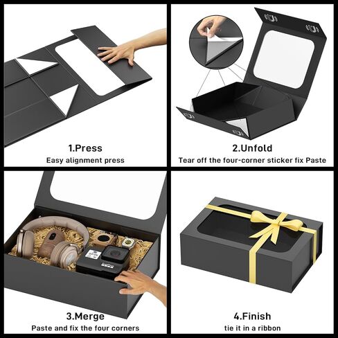 Large Gift Box with Window, 13.5x9x4.3 In Black Gift Box for Presents Magnetic Lids Collapsible for Groomsmen Proposal Box, Birthday, Graduation, Christmas, Contains Card, Ribbon in Kuwait