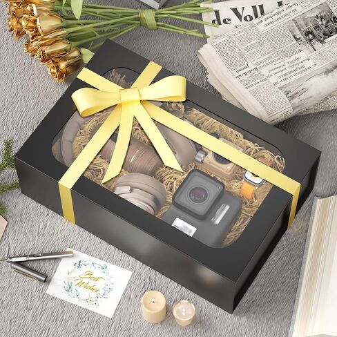 Large Gift Box with Window, 13.5x9x4.3 In Black Gift Box for Presents Magnetic Lids Collapsible for Groomsmen Proposal Box, Birthday, Graduation, Christmas, Contains Card, Ribbon in Kuwait