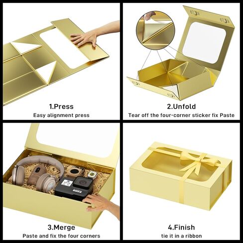 صندوق هدايا كبير مع نافذة ، 13.5 × 9x4.3 في صندوق الهدايا الأسود للعرفات المغناطيسية قابلة للطيات لربط اقتراح رجال العريس ، عيد ميلاد ، التخرج ، عيد الميلاد ، يحتوي على بطاقة ، شريط in Kuwait