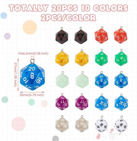20pcs Lucky Dice Pendants D20 Polyhedral Dice Charms Opaque & Transparent Resin Faceted 20 Sided Dice Dangles for Jewelry Making DIY Bracelet Necklace Earring Keychain Hanging Ornament in Saudi Arabia