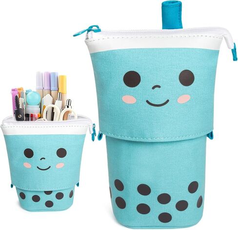 Standing Pencil Case for Girls,Pop Up Pencil Case Cute Telescopic Pen Pouch Holder Canvas Zip Kawaii, Kids Students(Blue) in Saudi Arabia