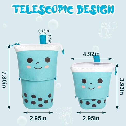 Standing Pencil Case for Girls,Pop Up Pencil Case Cute Telescopic Pen Pouch Holder Canvas Zip Kawaii, Kids Students(Blue) in Saudi Arabia