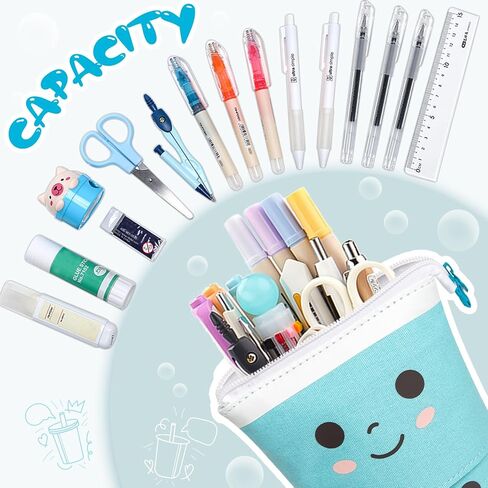 Standing Pencil Case for Girls,Pop Up Pencil Case Cute Telescopic Pen Pouch Holder Canvas Zip Kawaii, Kids Students(Blue) in Saudi Arabia