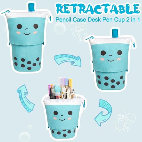 Standing Pencil Case for Girls,Pop Up Pencil Case Cute Telescopic Pen Pouch Holder Canvas Zip Kawaii, Kids Students(Blue) in Saudi Arabia