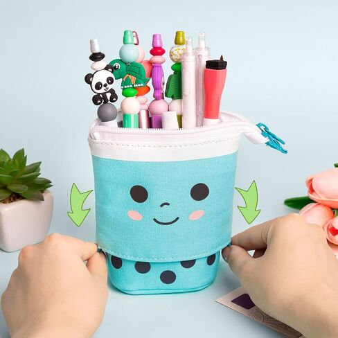 Standing Pencil Case for Girls,Pop Up Pencil Case Cute Telescopic Pen Pouch Holder Canvas Zip Kawaii, Kids Students(Blue) in Saudi Arabia