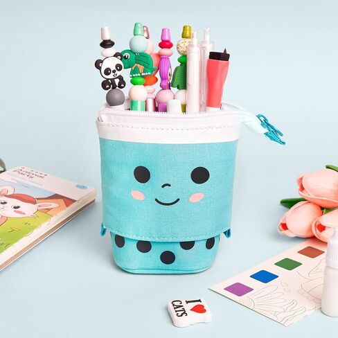 Standing Pencil Case for Girls,Pop Up Pencil Case Cute Telescopic Pen Pouch Holder Canvas Zip Kawaii, Kids Students(Blue) in Saudi Arabia