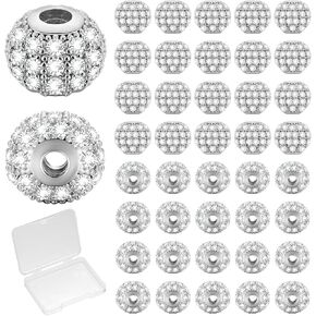 40 Pcs 8mm/10mm Gold Rhinestone Beads Round Zirconia Spacer Beads Bracelet Charms Cubic Beads for Jewelry Making Disco Ball Loose Beads for DIY Necklace Earrings Crafts (White Gold, 8 mm)