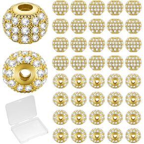40 Pcs 8mm/10mm Gold Rhinestone Beads Round Zirconia Spacer Beads Bracelet Charms Cubic Beads for Jewelry Making Disco Ball Loose Beads for DIY Necklace Earrings Crafts (White Gold, 8 mm)