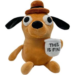 This is Fine Dog Plush, 11" inches Sized, Funny Coffee Drinking Dog Stuffed Animal Action Figures Soft Dolls Meme Plushies, Xmas Birthday Party Holiday Humorous Hilarious Ideal Gifts