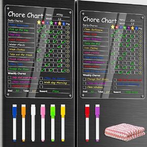 Acrylic Magnetic Chore Chart for Kid, 12"x10" Reward Responsibility Chart for Fridge, Daily Chores Checklist for Adult, Weekly Dry/Wet Erase Fridge Board for Teens Family, w/ 8 Markers & Towel, 2 Pack