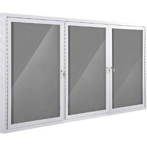 SWANCROWN Weather Resistant Enclosed Bulletin Board Gray Fabric Displays Boards Wall Mounted Notice Cabinet with Three Locking Doors, 70x36 inches