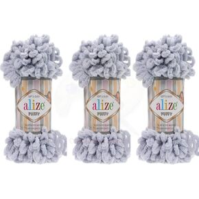 Alize Puffy Baby Blanket Yarn Lot of 3skn 300gr 30yds 100% Micropolyester Soft Yarn Hand Knitting Yarn Super Chunky Bulky Woven Worested Yarn (55 - White)
