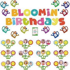 78Pcs Spring Bulletin Board Decorations Flower Birthday Bulletin Board Set for Classroom, Wild Floral Birthday Photo Bulletin Board Cutouts for Back to School Supplies Wall Door Decor