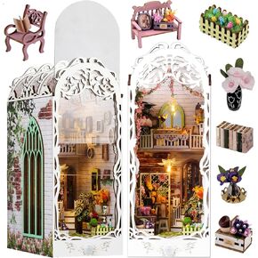 Book Nook Kit with Dust Cover & LED Light, Miniature House Kit for Birthday, 3D Wooden Bookends Puzzle, Bookshelf Decor for Adults, Teens, Beginners (Flower Room)