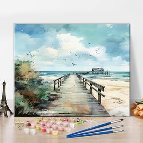 DIY Paint by Numbers for Adults Pier on the Beach Paintings Adult Paint by Number Kits on Canvas Paint Seagulls Flying in the Sky Painting by Numbers Kit for Adults Abstract Art Crafts 16x20 In