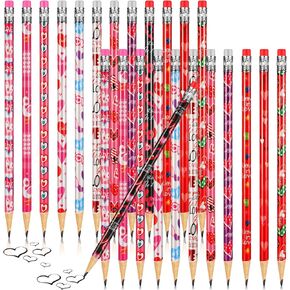 Gersoniel 24 Pieces Valentines Pencils for Kids Class, Valentine‘s Day Colorful Pencils with Erasers, Love Heart Patterns, Wooden Pen for Student Teacher Kindergarten Birthday Holiday Favor Gift
