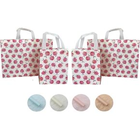 4 Pcs Medium Size Reusable Cloth Gift Bags with handles and Tissue Paper, Adorable Cherry pattern, For Her, Girl, Boy, Baby, Kids Birthday, Thank You Bag