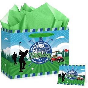 Hole in One Birthday Decorations Hole in One Gift Bag Golf First Party Bag Green 1st Birthday Wrapping Bag with Greeting Card and Tissue Papers for Boys Girls Newborn Baby Shower One Year Old Themed Birthday Party Supplies