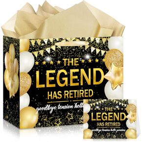 Retirement Gift Bags,The Legend Has Retired&Goodbye Tension Hello Pension with Wrapping Tissue Paper Card for Men Women Retirement,Coworker,Farewell Going Away Party Decorations Supplies Favors Gifts