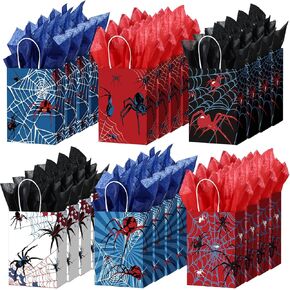 Epakh 24 Pcs Spider Gift Bags Medium Size with Tissue Paper and Handles Spider Goodie Candy Bags Birthday Party Decorations Double Sided
